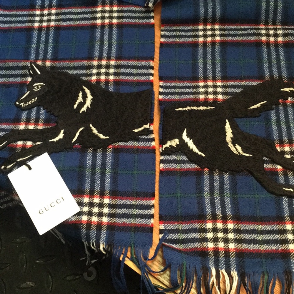 Gucci - Running Wolf Wool Scarf Blue Red White NWT